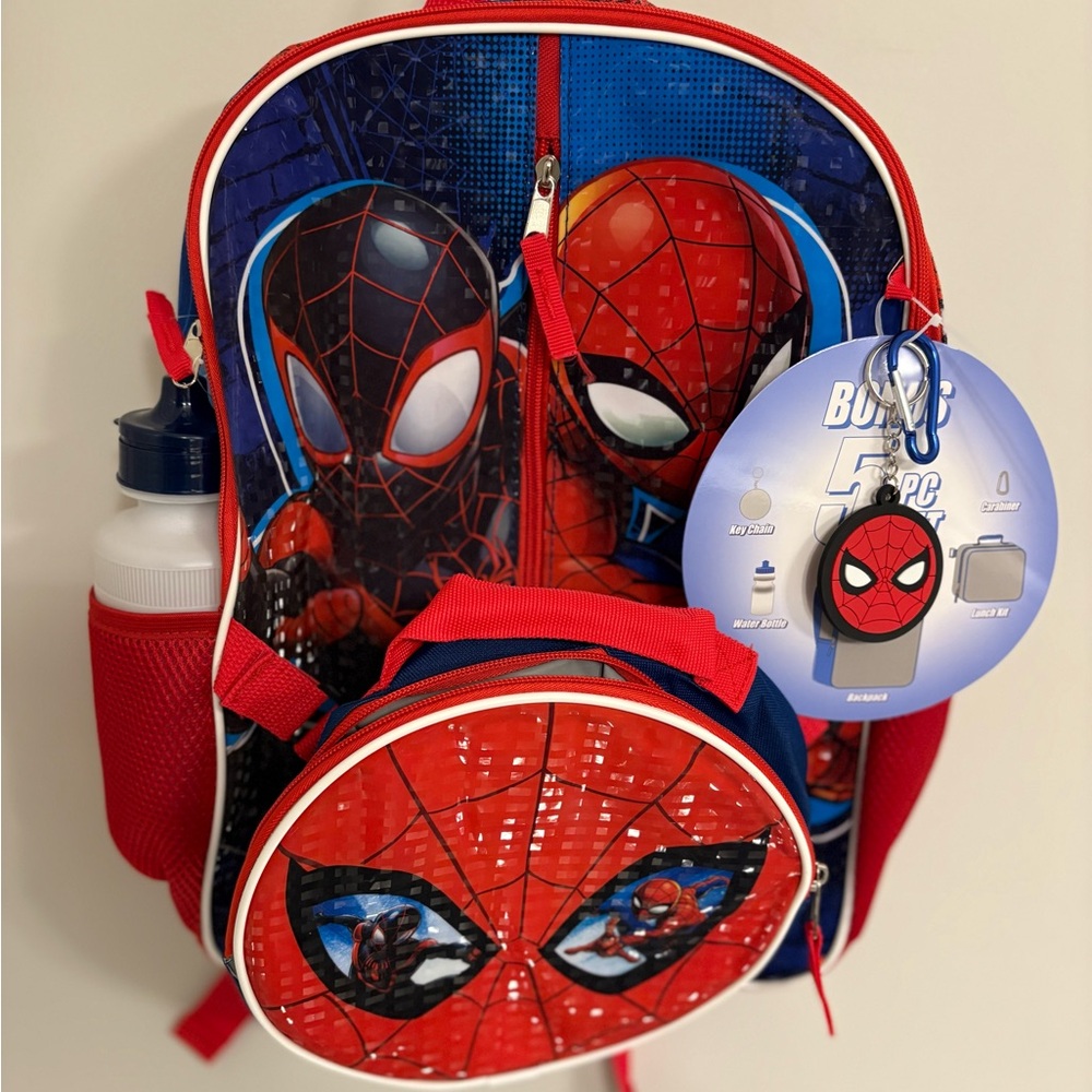 NEW Bioworld Marvel Spider-Man 5 Piece School Backpack Lunchbox & Water Bottle